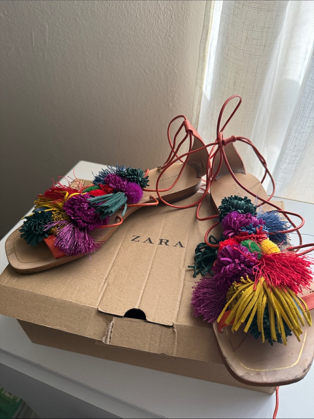 ZARA Coral Lace-Up Sandals with Multicolor Pom Tassels